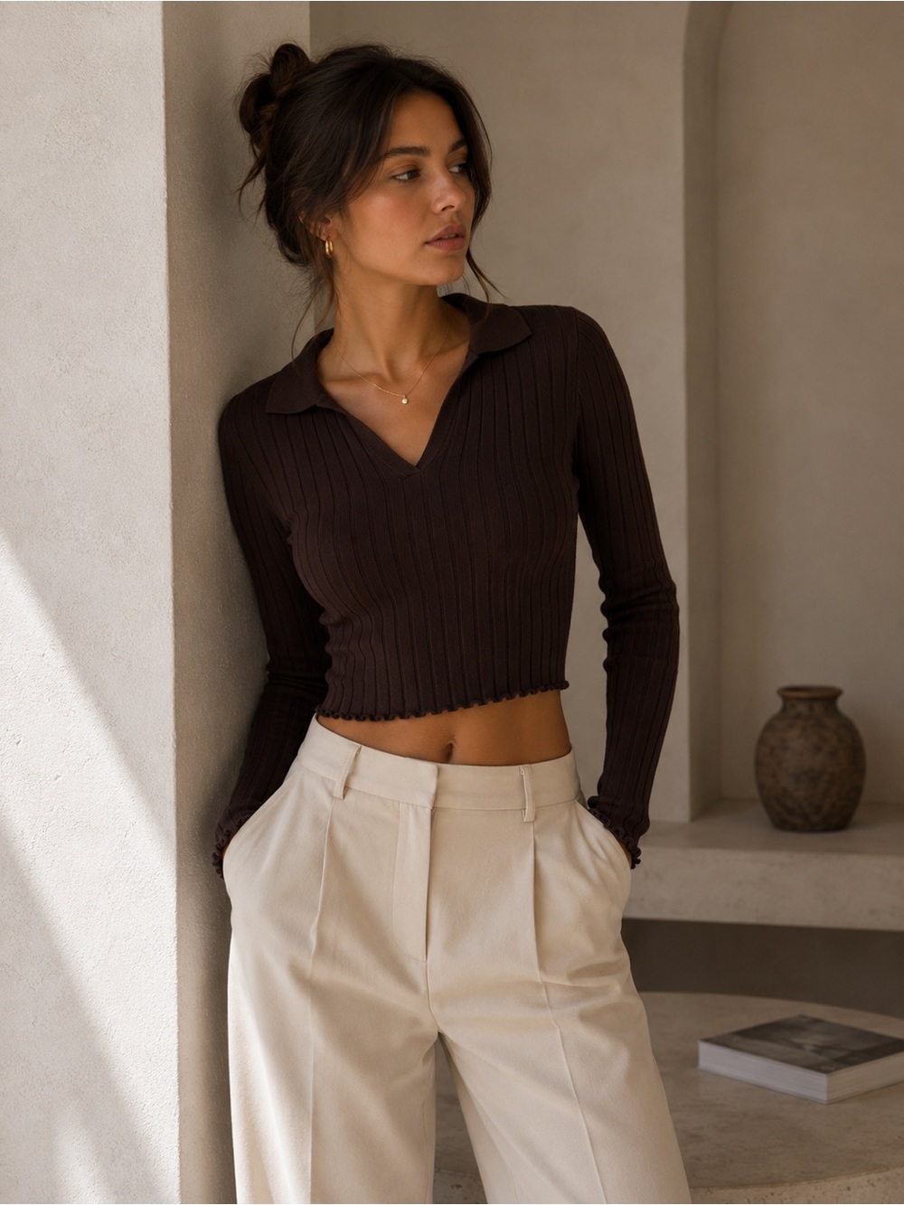 Garage Ribbed V-Neck Polo Top in Chocolate Brown